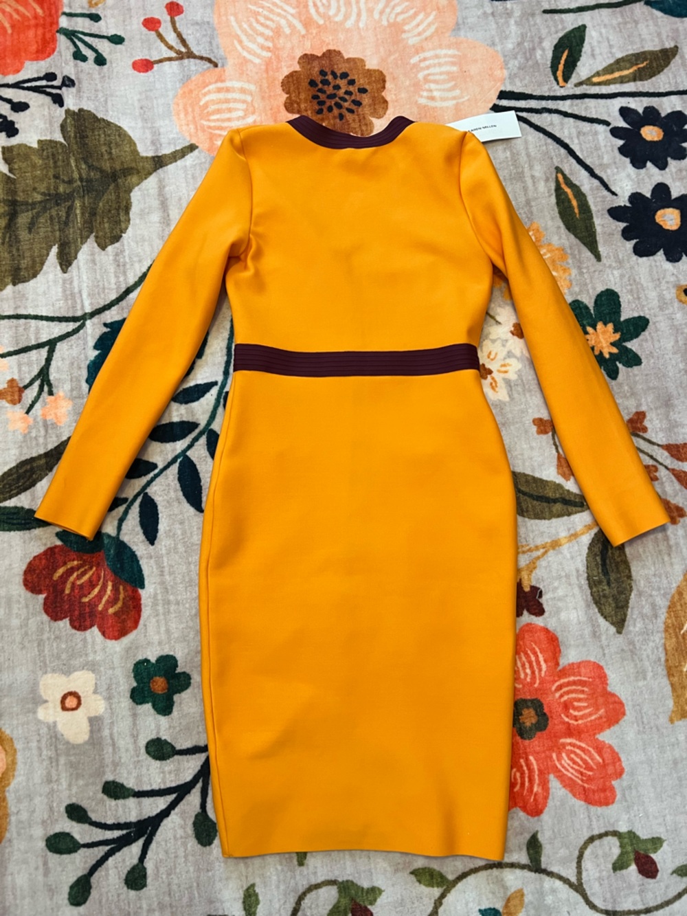 {Karen Millen} Mustard Yellow Long Sleeve Zip Sheath Dress w/ Burgundy Trim NWT - Picture 3 of 3
